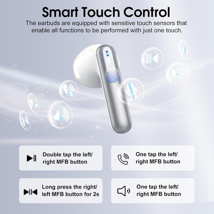 Wireless Earbuds, Bluetooth 5.4 Headphones with 3D Bass Stereo, Bluetooth Earbuds with 4 ENC Noise Cancelling Mic, 40H Ultralight In-Ear Buds USB-C, IP7 Waterproof Earphones for Android iOS, Silver