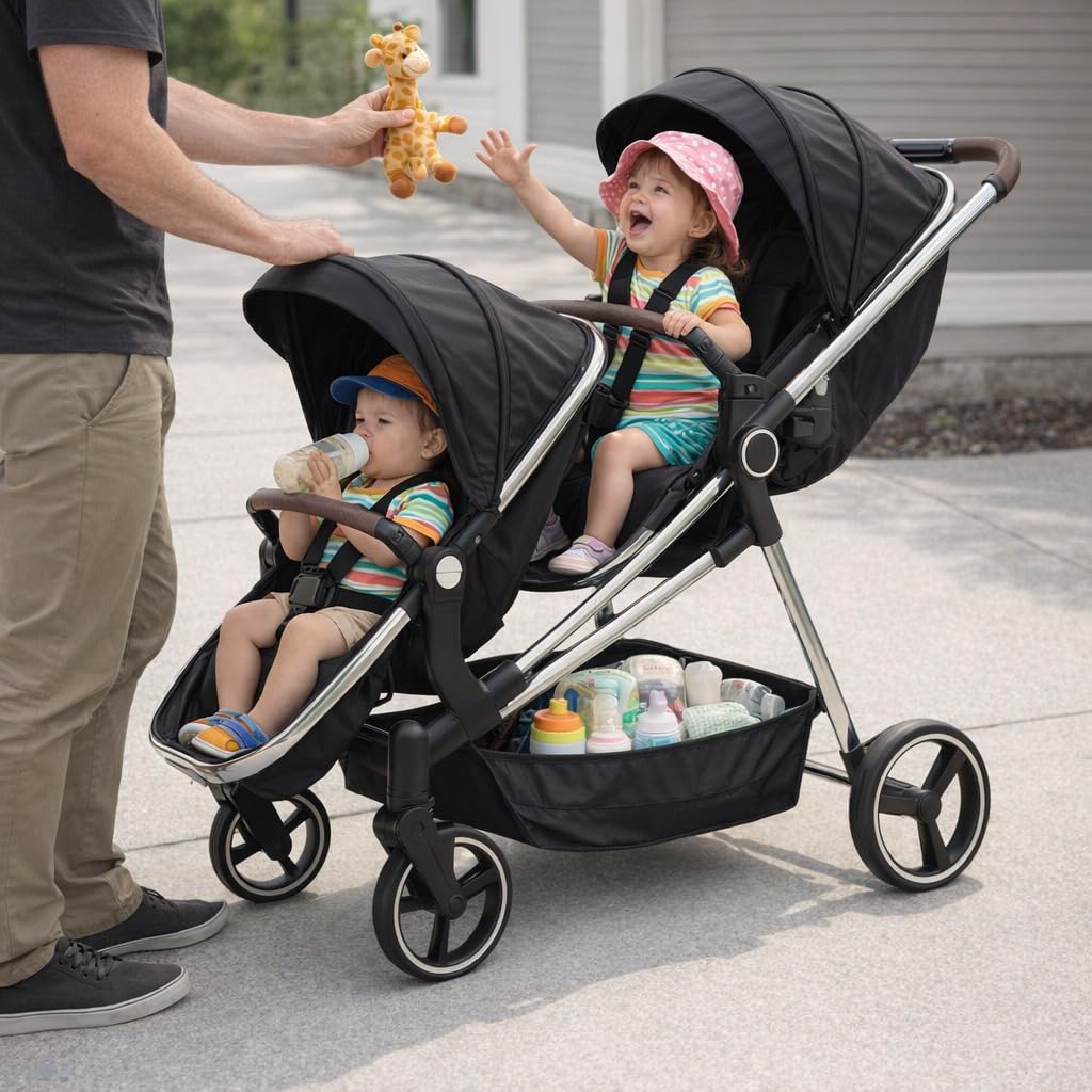 Double Stroller for Twins Infants and Toddlers, Foldable Tandem, Convertible Twin to Single Stroller, Compact Light Weight, Ages 0-3 Years