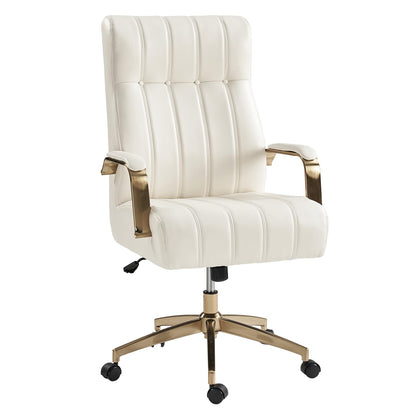 HULALA HOME Modern Executive Office Chair, Faux Leather Tufted Ergonomic Desk Chair with Gold Plated Base & Armrests, 360° Swivel Adjustable Height Tilt Home Office Chair for Work/Study