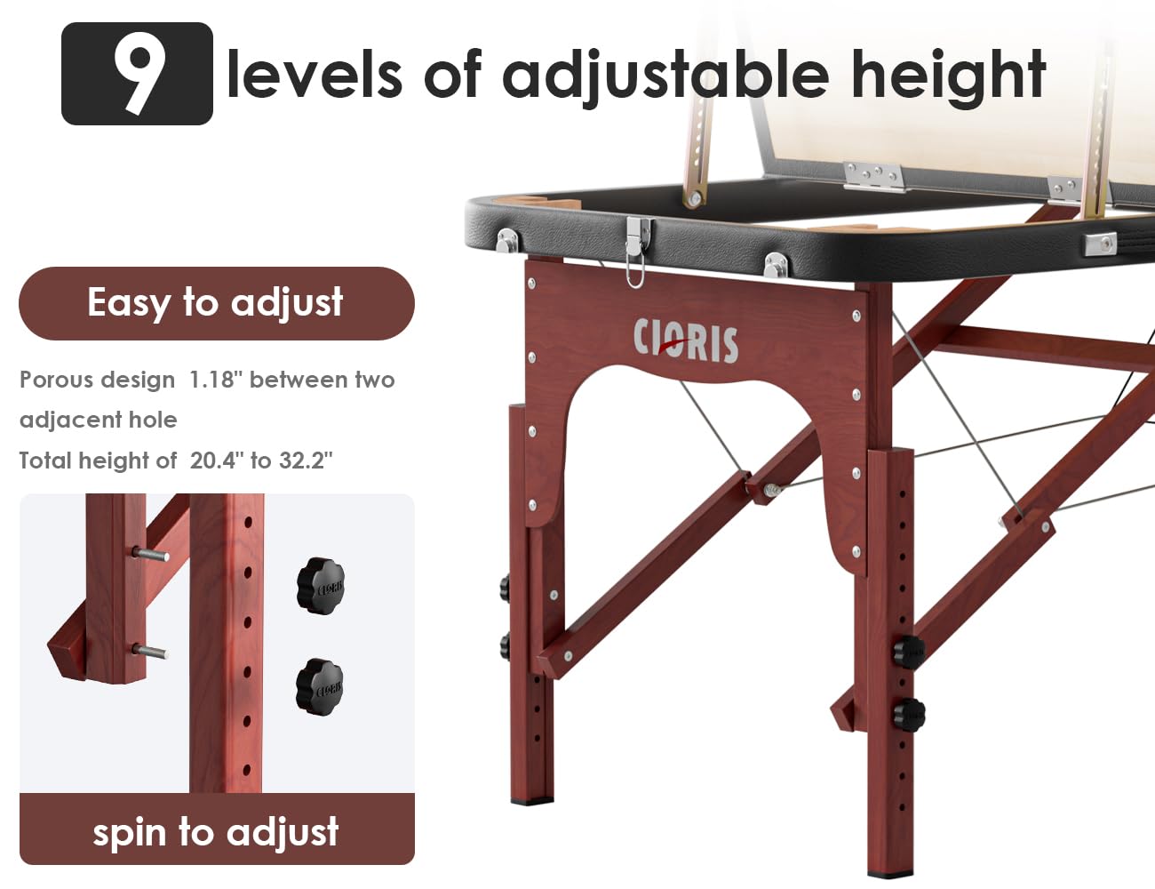 CLORIS 84" Professional Massage Table Portable 3 Folding Lightweight Facial Salon Spa Tattoo Bed Height Adjustable with Carrying Bag & Wooden Leg Hold Up to 1100LBS