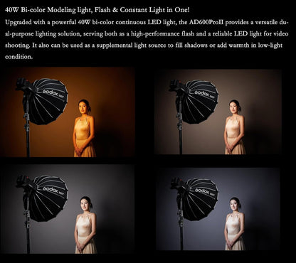 Godox AD600 Pro II AD600Pro II AD600PROII Flash, 2.4G TTL GN87 Flash Strobe, 40W Bi-Color Modeling Led, Color Screen, 16 Color Groups Indicator, Freeze Mode, 1/1 to 1/512 in 0.1 Increment Steps