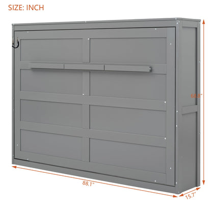 Merax Modern Farmhouse Solid Wood Murphy Cabinet Bed, Queen Foldable Wall Bed Frame, No Box Spring Needed/Space Saving, Gray