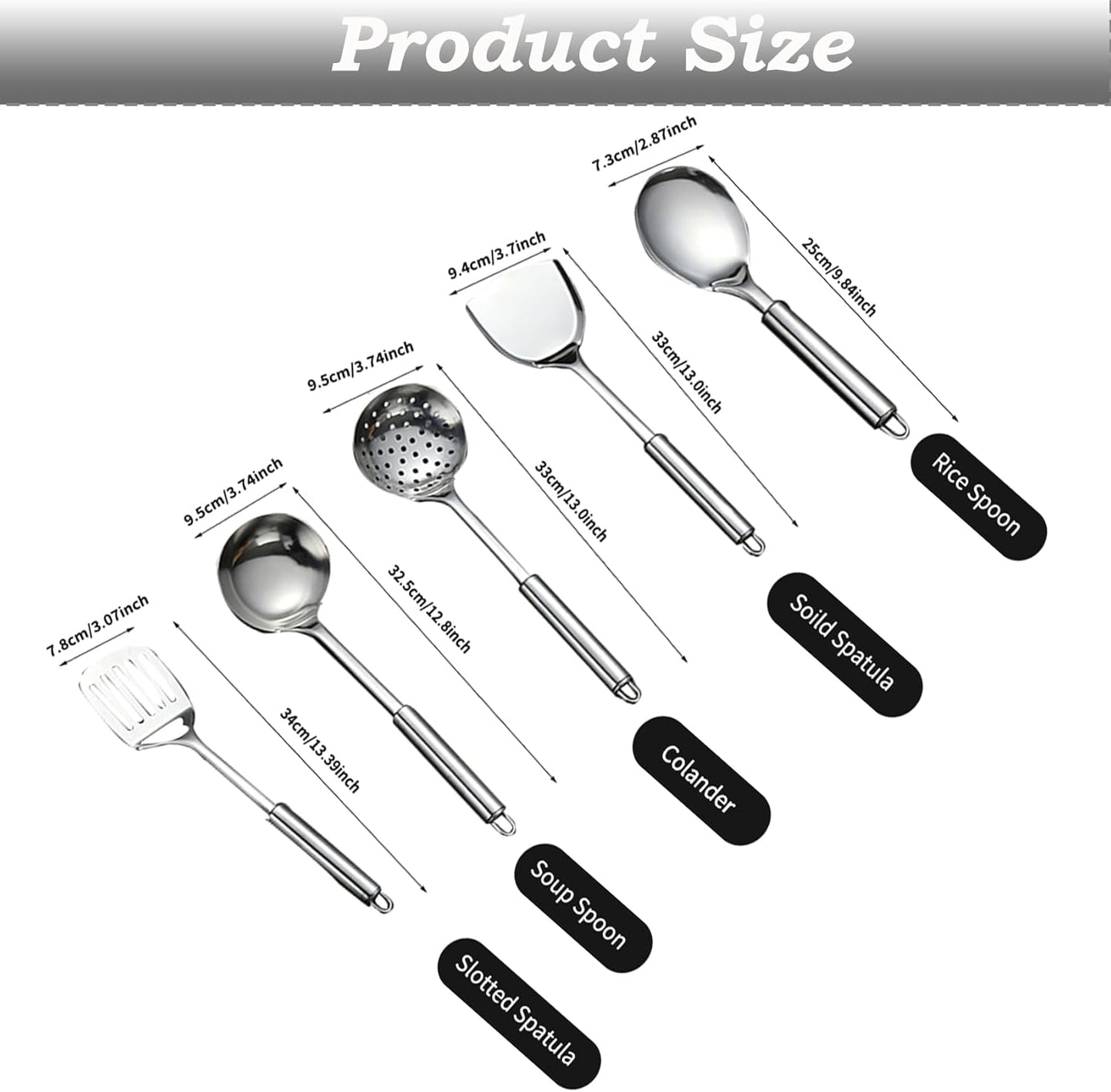 Cooking Utensils Set - 5pcs Stainless Steel Kitchen Utensils Set, Slotted Spoon, Slotted Spatula, Large Spoon, Soup