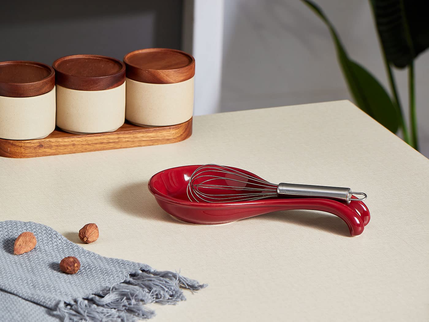 ONEMORE Ceramic Spoon Rest for Stove Top - Extra Wide Heat-Resistant Ladle Holder for Kitchen Counter Utensils/Tools - Large, Red