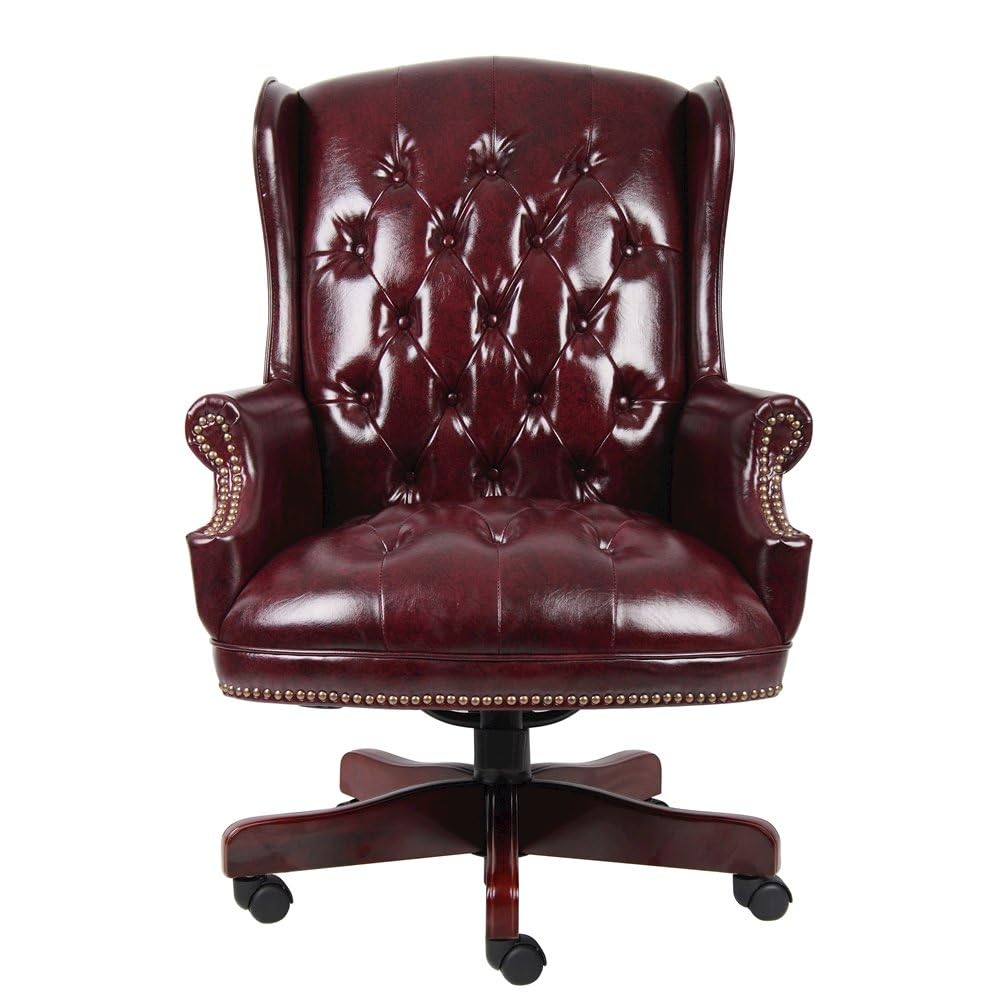 Starlight Canyon Home Burgundy Faux Leather Office Chair, Executive Seating with Wood Frame, Leather Desk Option for Study, Boardroom, Or Office Settings