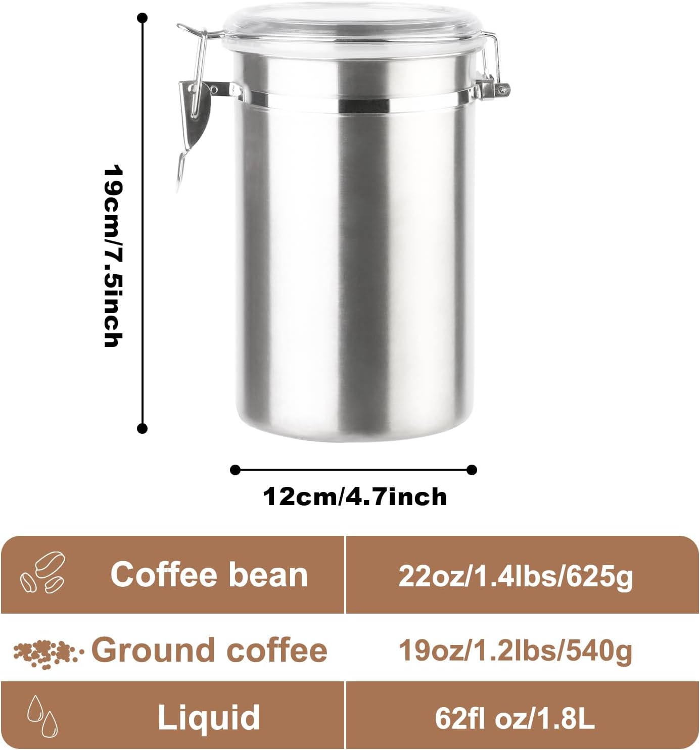 4 (1.8L Silver-4) Coffee Canister Pcs Stainless Steel Food Container with Clear Lids Airtight Container Stackable