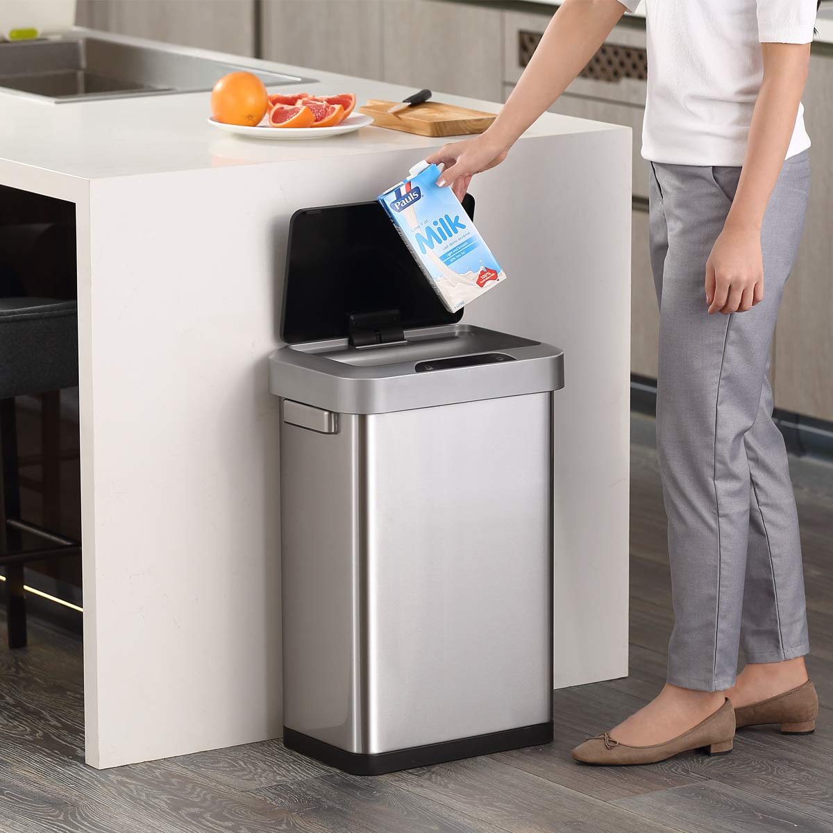 EKO EK9262MT-45L Horizon 45 Liter/11.9 Gallon Rectangular Motion Sensor Trash Can, Brushed Stainless Steel Finish