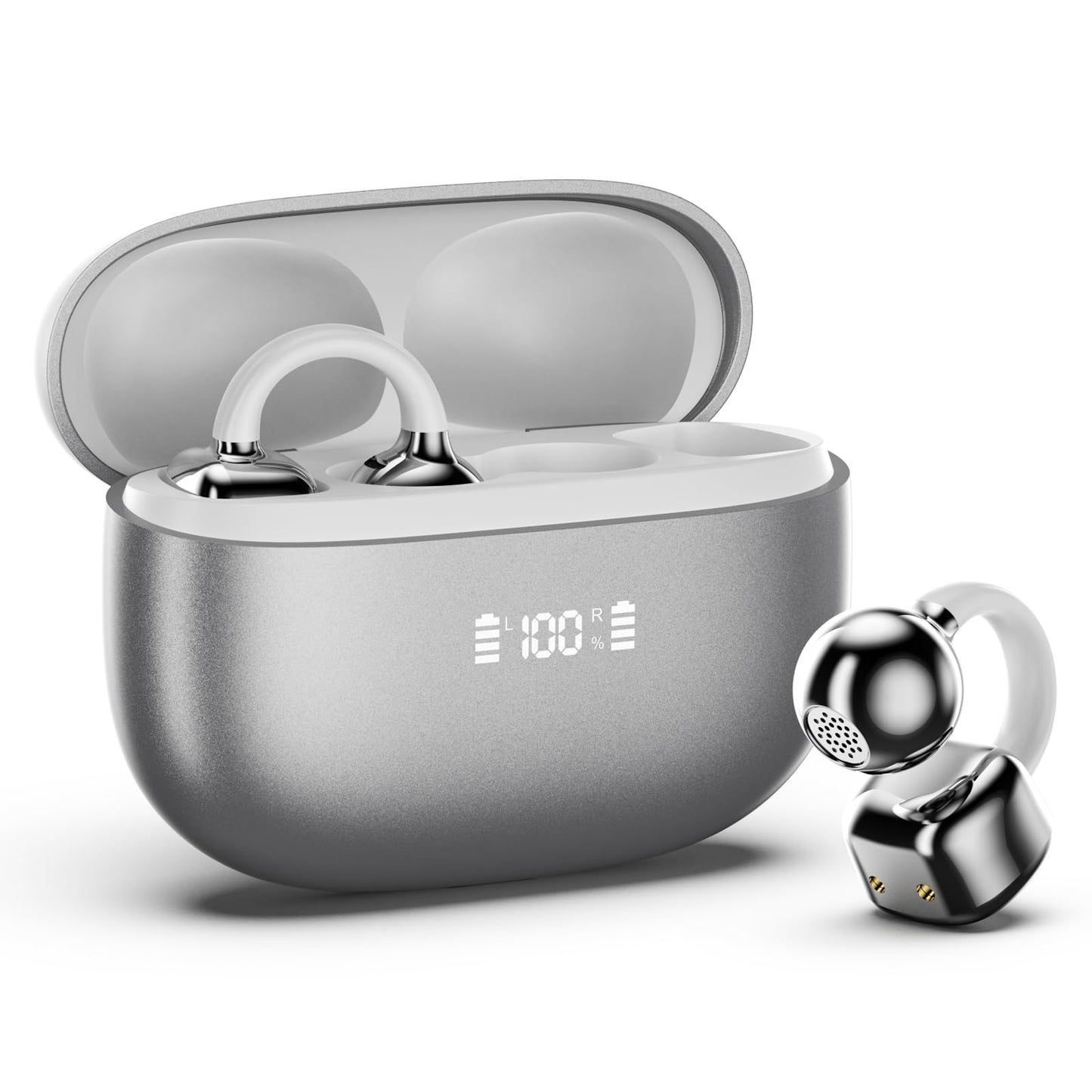 PAXA Clip On Earbuds, Clipbuds7 Open Ear Earbuds Wireless Bluetooth 5.4 with LED Display, Auto L-R Ear Recognition and Touch Control, Ultra-Light 4.5g Fit Comfort for Sports Fitness Daily Use, Silver