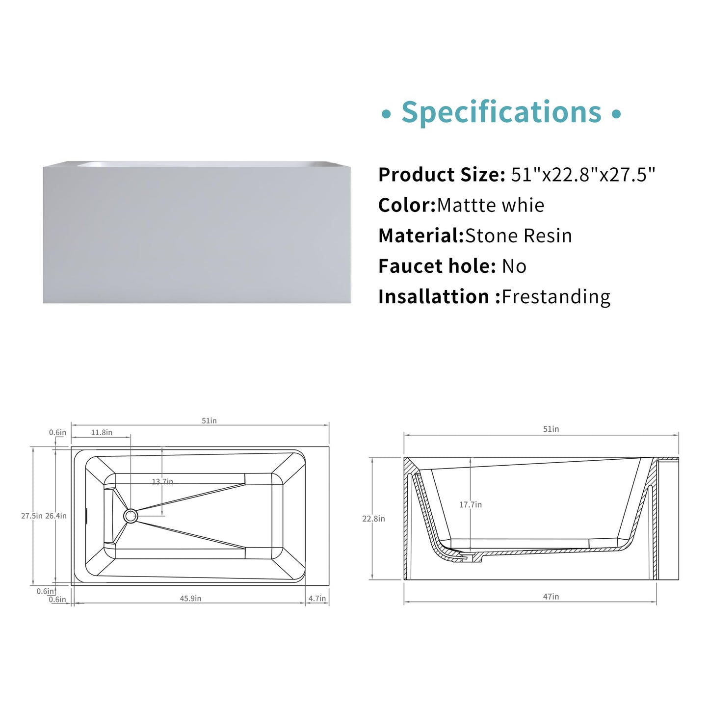 GDFStudio 51" Solid Surface Freestanding Bathtub, Matte White Resin Stone Soaking Tub with Overflow and Pop-Up Drain, Anti-Slip Stand Alone Deep Soaker Tub for Modern Bathroom Spa Relaxation