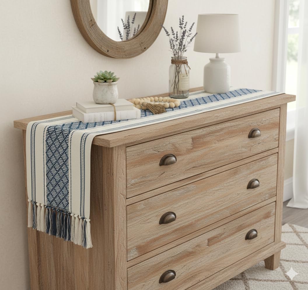14 72 Inches, Boho Table Runner with Tassel x Blue & Cream, Woven Washable Dresser Scarf and Topper for Bedroom