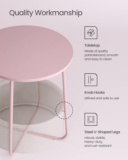 ULET223R61 VASAGLE LILEA Collection - Small Round Side End Table, Modern Nightstand with Fabric Basket, Jelly Pink