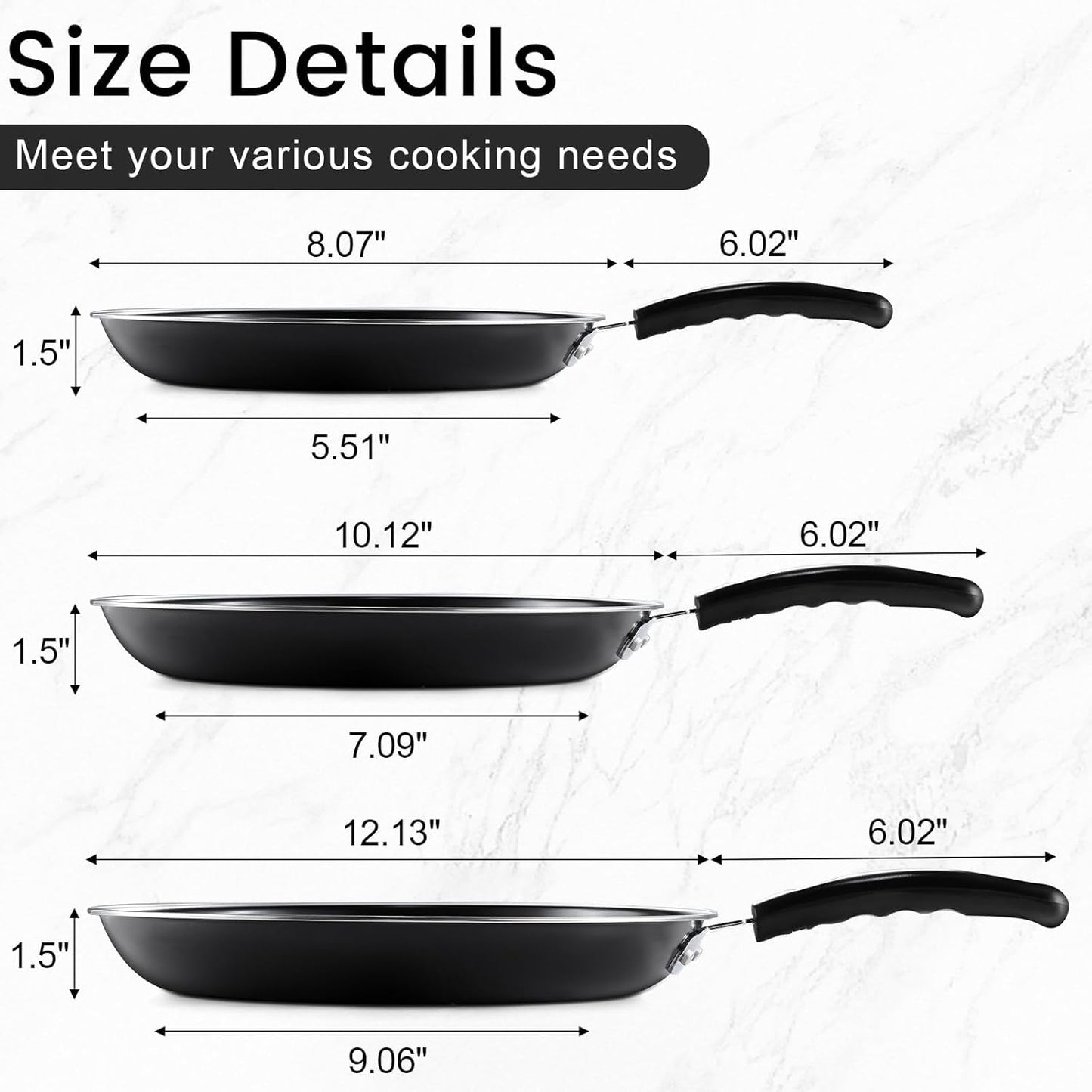 Nonstick Frying Pans Set of 3 by [Brand Name] - Durable Carbon Steel Skillets with PFOA-Free Coating | Includes 2 Spatulas, 7.9, 10.2, 11.8 Inch Sizes