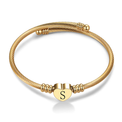 Chili Jewelry Women Gold Initial S Letter Heart Cuff Bracelets Stainless Steel