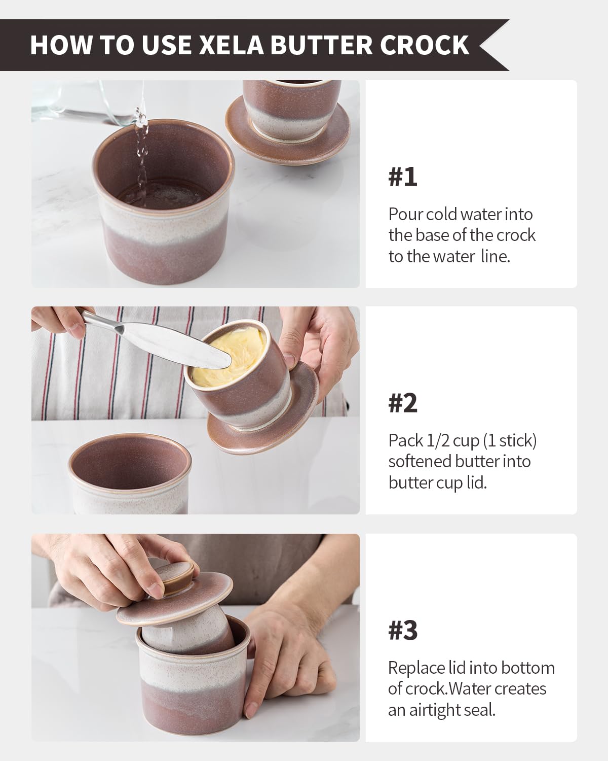 XELA Ceramic Butter Crock, The Original Reactive Two-Colour Glaze, Butter Dish With Water Line for Spreadable Fresh Butter - Ziying