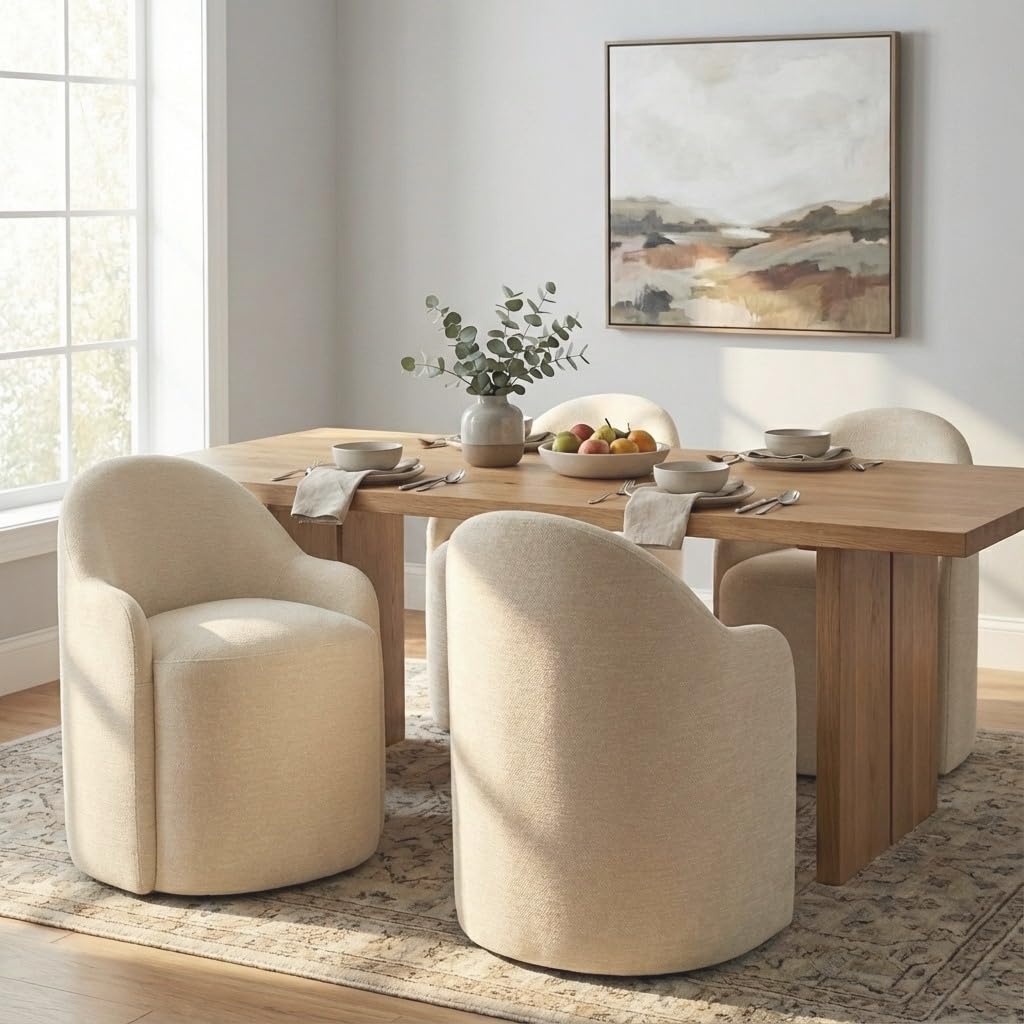 KISLOT Upholstered Dining Chairs with Casters, No Assembly Modern Dining Room Chairs Accent Vanity Chair with 5 Wheels & Round Backrest for Bedroom, Living Room, Dressing, Sand Fabric, Set of 4