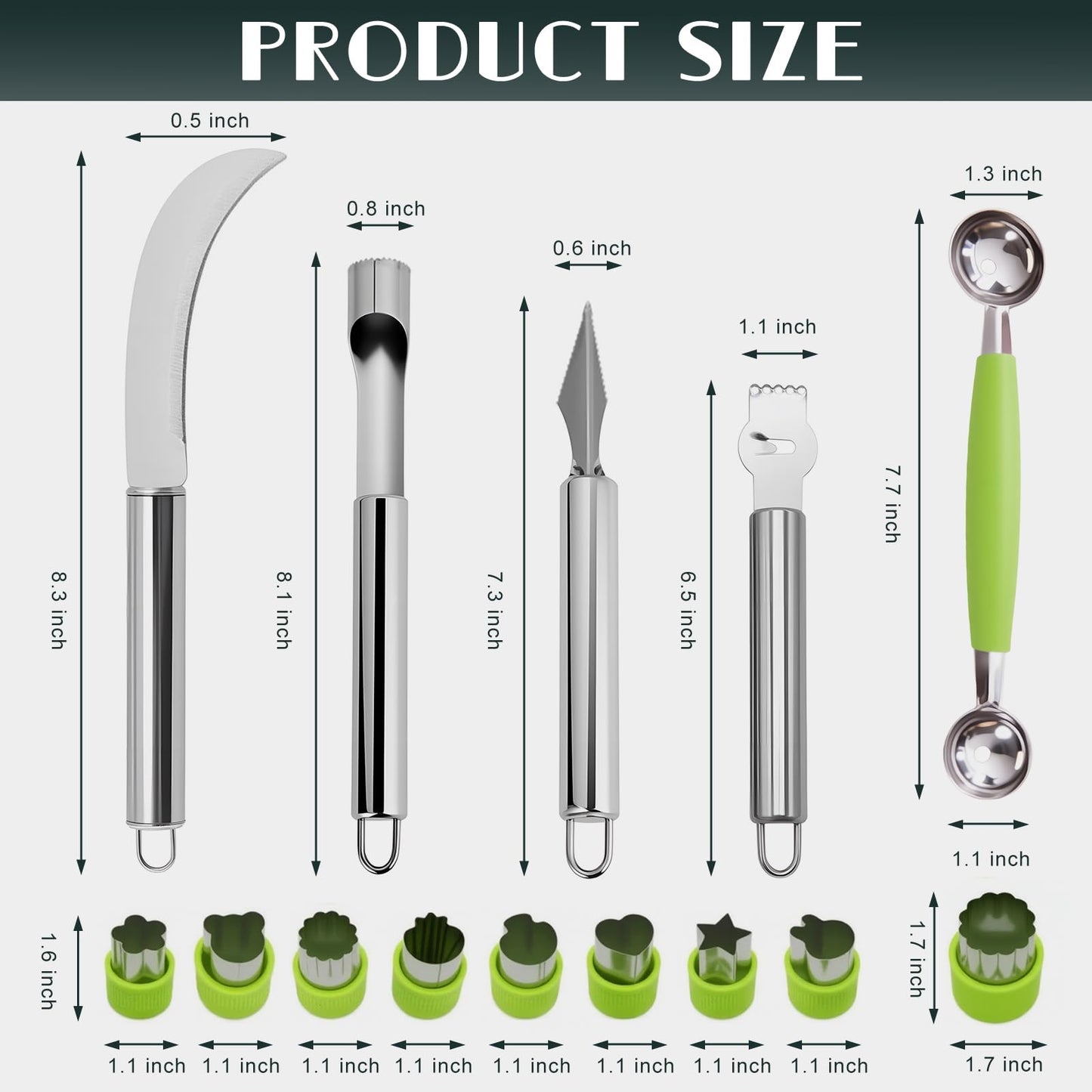 Krbnk 14PCS Fruit Carving Tools Set, Stainless Steel Melon Baller Scoop Set, Fruit Cutters Shapes, Cantaloupe Cutter Slicer Tool Piranha Spiral Cutter and V-Tool for Fruits Vegetable Sculpting