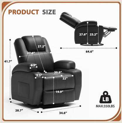 Flamaker Swivel Rocker Recliner Chair with Vibration Massage, 360° Swivel Recliner Chairs for Adults Ergonomic Lounge Chair with Cup Holders Lazy Boy Recliner Single Sofa Seat (Leather, Black)