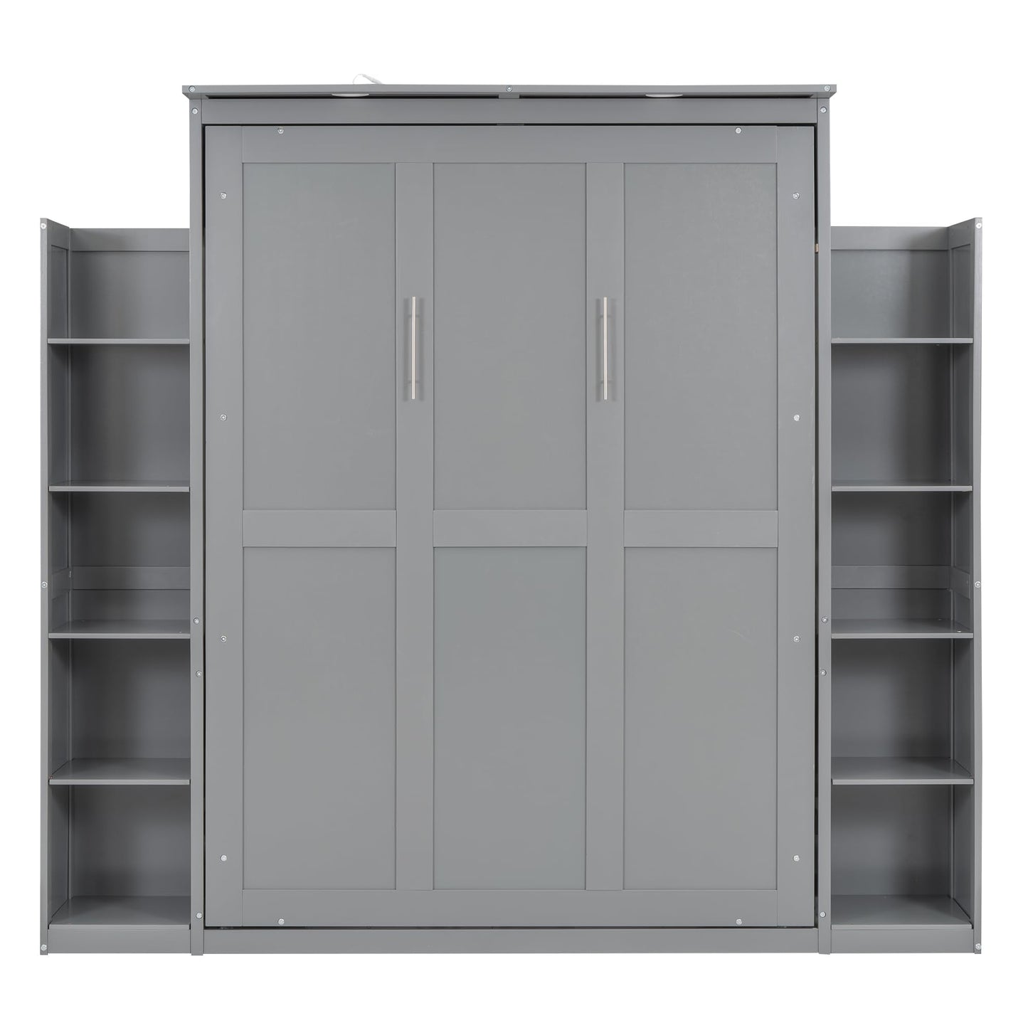 Merax Full Size Murphy Bed with 2 Five-Layer Cabinet, Modern Wall Bed with Shelves and LED Lights, Foldable Wood Platform Bed Folded into Cabinet for Guest Room, Home and Office, Grey