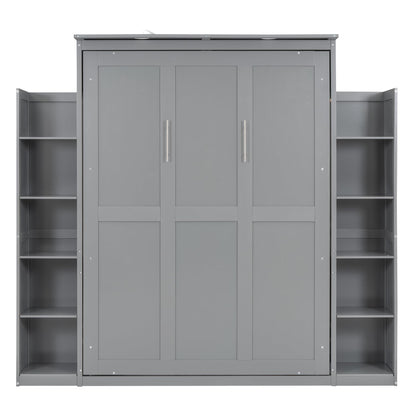 Merax Full Size Murphy Bed with 2 Five-Layer Cabinet, Modern Wall Bed with Shelves and LED Lights, Foldable Wood Platform Bed Folded into Cabinet for Guest Room, Home and Office, Grey