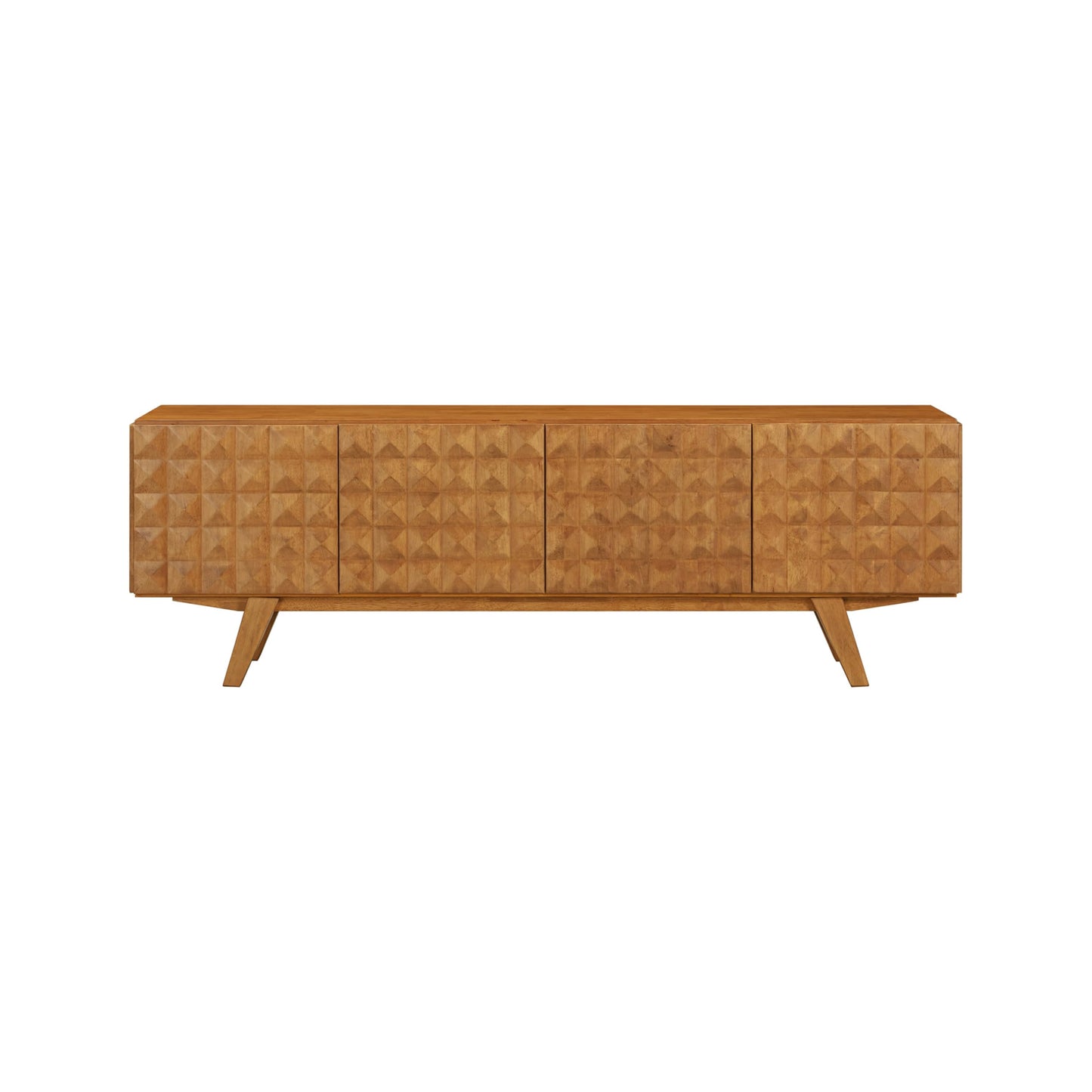 NTC Sapa Mid-Century Modern Solid Wood TV Stand 4-Door Media Console with Carved Geometric Fronts for TVs up to 75", Effortless Assembly, Teak Look