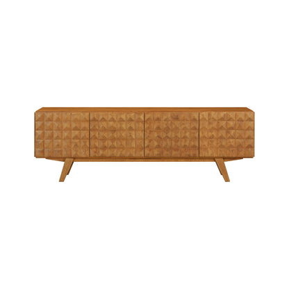 NTC Sapa Mid-Century Modern Solid Wood TV Stand 4-Door Media Console with Carved Geometric Fronts for TVs up to 75", Effortless Assembly, Teak Look