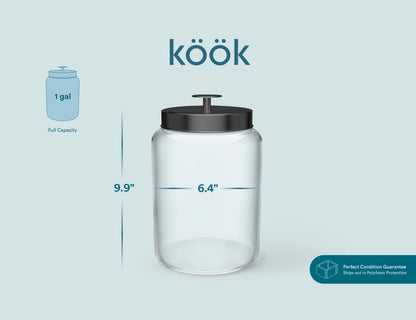 KooK Glass Storage Containers with Lids, Glass Jar with Lid, 1 Gallon, Set of 2, Glass Canister, Storage, Laundry, Kitchen Jar, (Circular, Black)