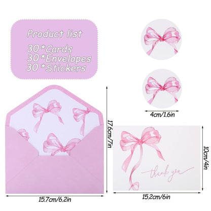 30Pack Pink Bow Thank You Cards with Envelopes Stickers Bow Blank Note Card Watercolor Greeting Card for Wedding Party Birthday Supplies (Pink)