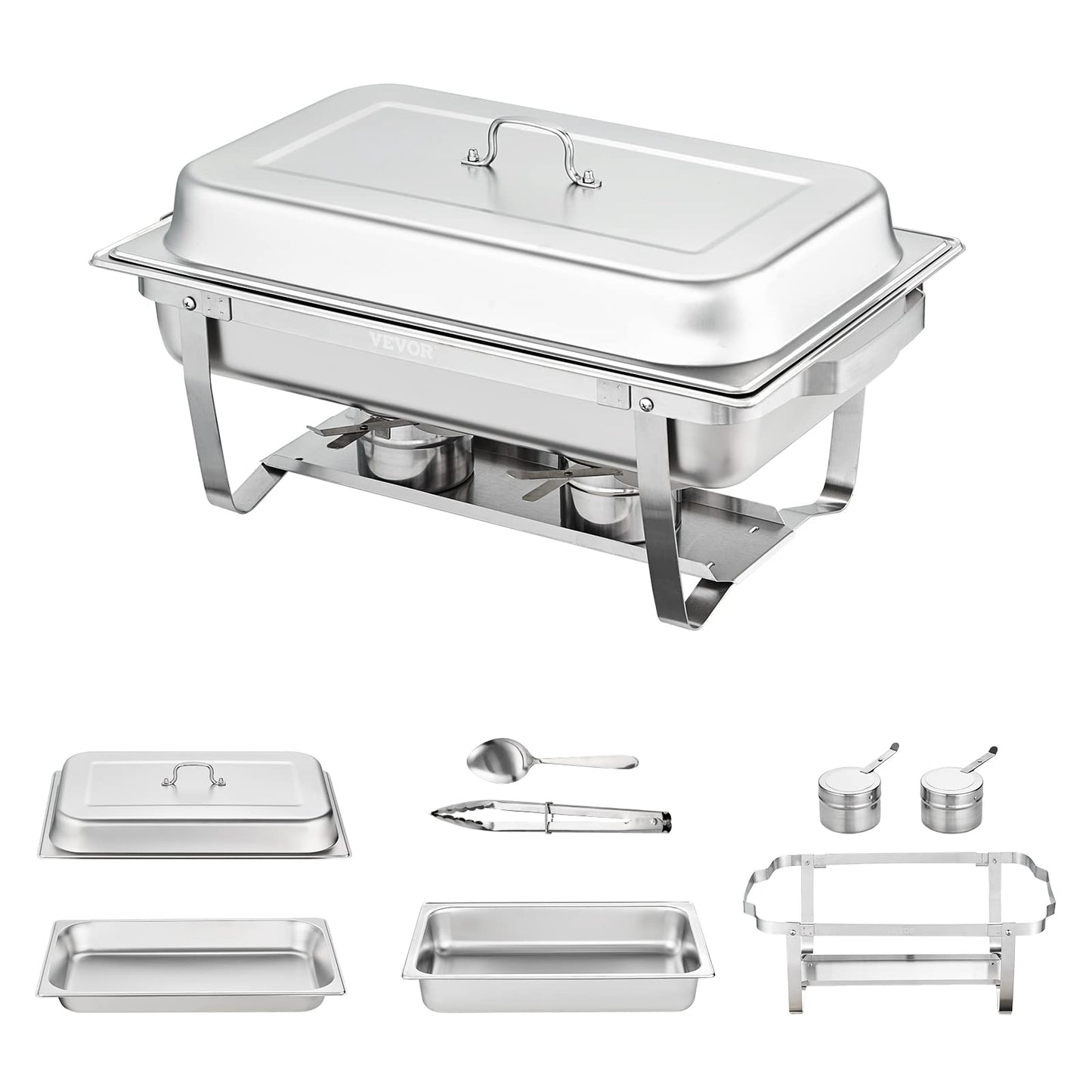 VEVOR Chafing Dish Buffet Set, 8 Qt 6 Pack, Stainless Chafer with 6 Full Size Pans, Rectangle Catering Warmer Server with Lid Water Pan Folding Stand Fuel Holder Tray Spoon Clip, at Least 8 People Eac