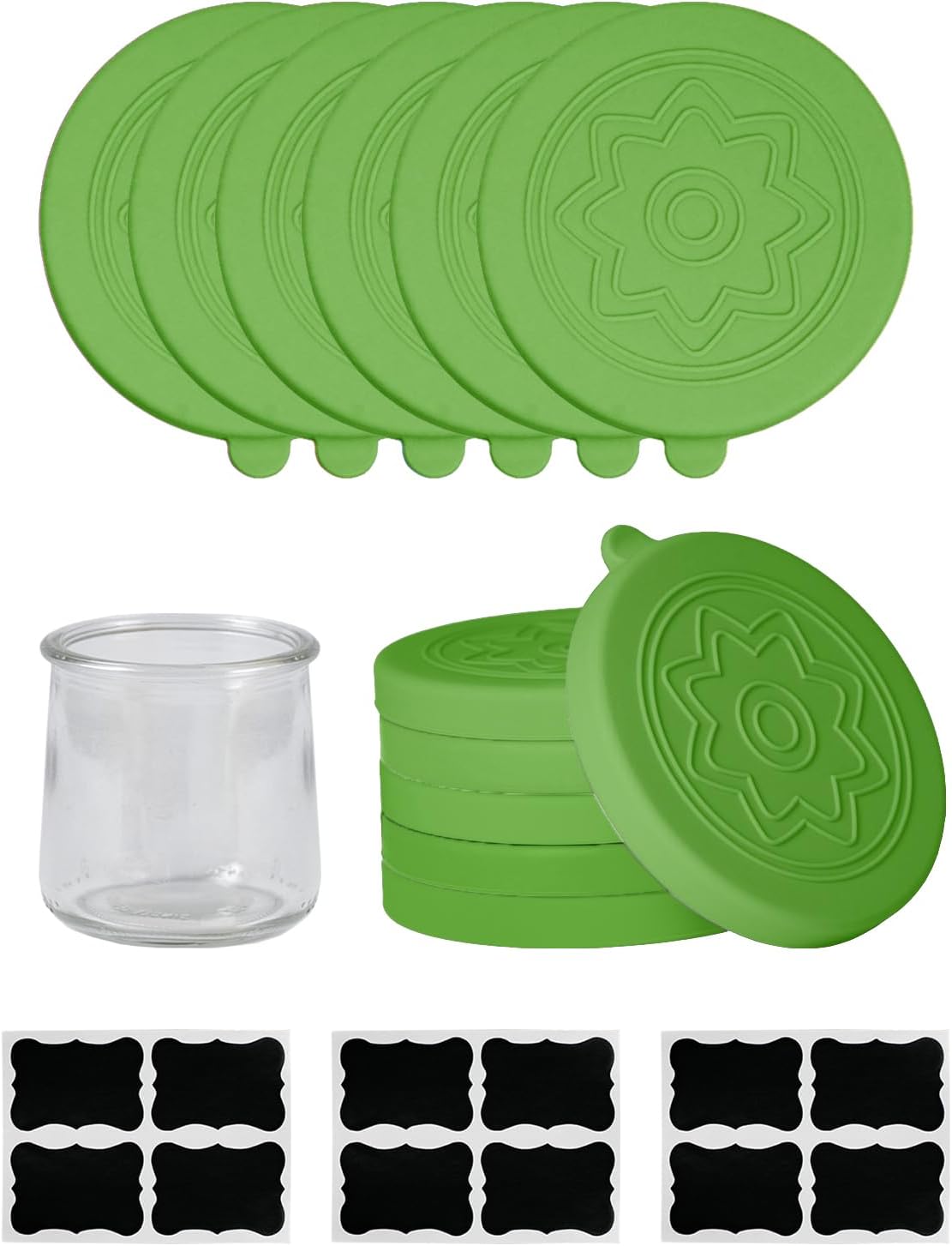 12 Pack 8 5Oz Silicone Oui Yogurt Jar Lids with Labels, Food-Grade Lids for Oui Yogurt Jars, Reusable Silicone Canning