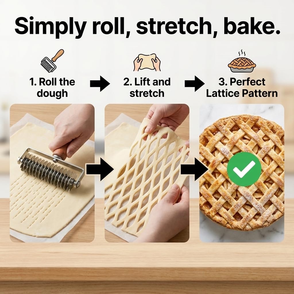 Lattice Pastry Cutter, Professional Lattice Roller for Pie & Beef Wellington, Sharp Multi-Blade Dough Cutter for Even Decorative Crusts, Easy-Clean Baking Gift for Home Bakers