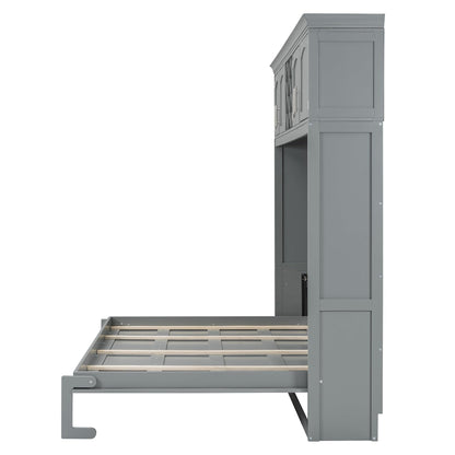 Merax Queen Size Murphy Bed, Foldable Wall Bed with Storage Cabinet, Dual Piston Metal Mechanism & Wooden Slats, No Box Spring Needed, Space-Saving for Small Apartment, Studio, Guest Room, Gray