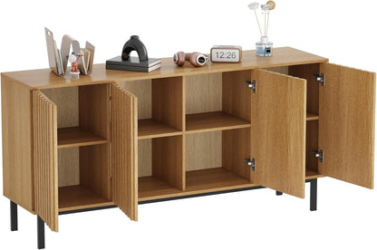 Garvee 60 Inch Sideboard Buffet Cabinet with Fluted Doors, Modern Wood Storage Cabinet with Adjustable Shelf, Freestanding Coffee Bar for Dining Room Living Room