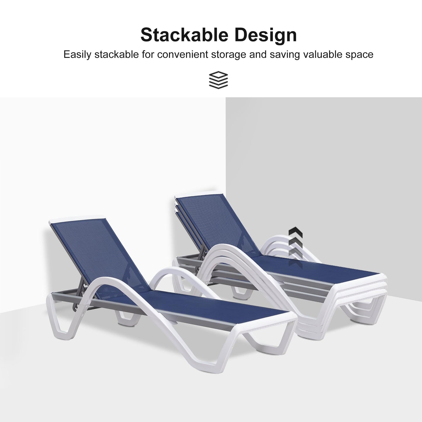 PURPLE LEAF Patio Chaise Lounge Chair Set of 3 Outside Aluminum Plastic Stackable Tanning Chairs with Armrests and Side Table for Pool Sunbathing Beach Deck Outdoor Lounger, Navy Blue