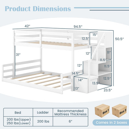 Giantex Twin Over Full Bunk Bed with Stairs, Solid Wood Floor Bunk Bed with Storage Staircase & Full-Length Guardrails, Low Bunk Bed with for Kids, Teens, Adults, Dorm, Small Space, White