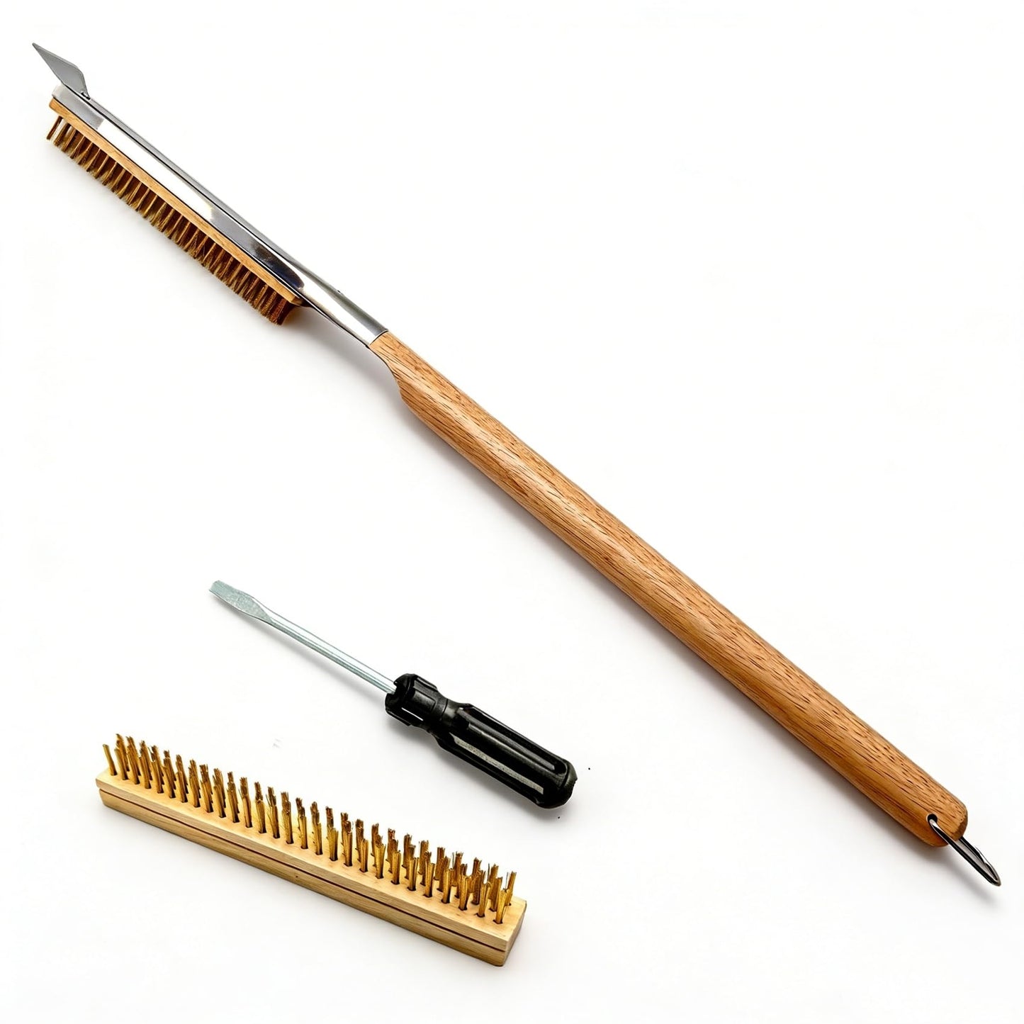 ToppYuanZea 3 Pack 26 Inch Pizza Oven Brush with Scraper and Brass Bristles, Outdoor BBQ Grill Cleaning Brush Copper Wire Pizza Stone with 1 Brush Heads and 1 Screwdriver for Picnic Camping