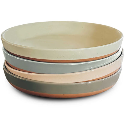MORA Ceramic Flat Pasta Bowl Set of 4-35oz, Microwave Safe Plate with High Edge - Modern Porcelain Dinnerware for Kitchen and Eating, Large Wide Bowls/Plates for Serving Dinner, Salad, etc- Neutrals