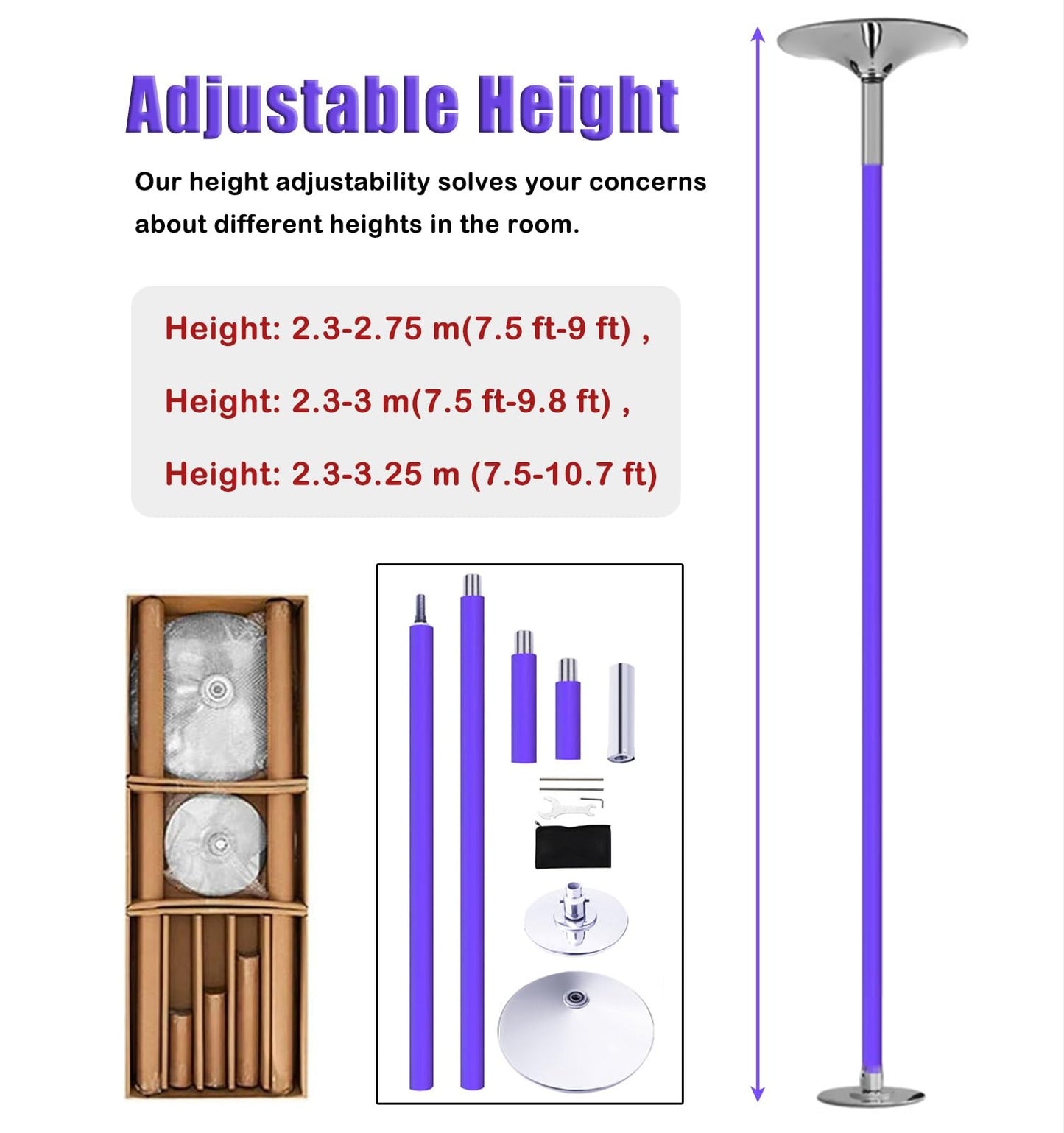 Portable Spinning Dance Pole - Purple Silicone, Adjustable 7.5-9.8 ft Stripper Pole for Home, Professional & Beginner Use, Perfect for Parties & Clubs, Complete Kit