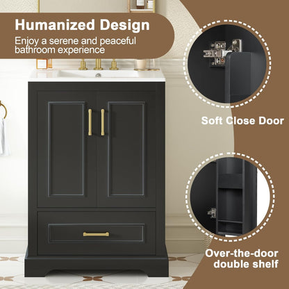 Merax 24" Bathroom Vanity with Sink & 1 Divider Drawer & 2 Soft-Close Doors (Double Shelf on Door), MDF and Solid Wood Frame, Freestanding Vanity Cabinet (Black)