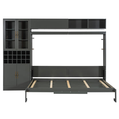 Merax Queen Size Murphy Bed Wall Bed with Sofa, Shelves, USB & Light - Space Saving Foldable Bed for Small Apartments, Grey