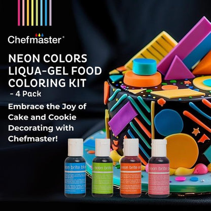 Chefmaster Neon Food Coloring Set - 4 Vibrant Liqua-Gel® Bottles for Professional Baking | Fade-Resistant, 0.67 oz