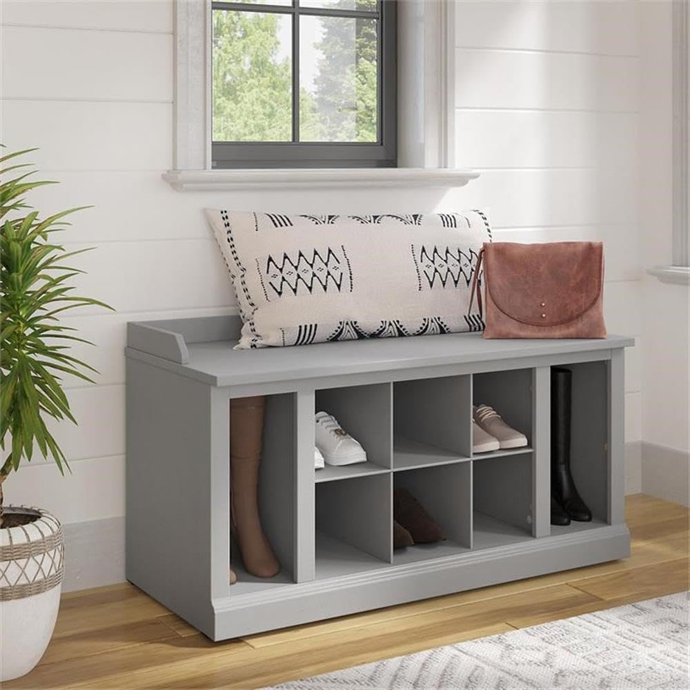 Bush Furniture Woodland 40W Shoe Storage Bench with Shelves in Cape Cod Gray | Footwear Organizer for Home Entryway, Mudroom, and Foyer