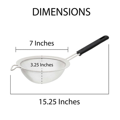 HIC Kitchen Fine Mesh Strainer With Support Handle, Stainless Steel And Silicone Handle, 7-Inch, For Sifting Baking Ingredients, Straining, And Draining Soups, Stocks, And Sauces