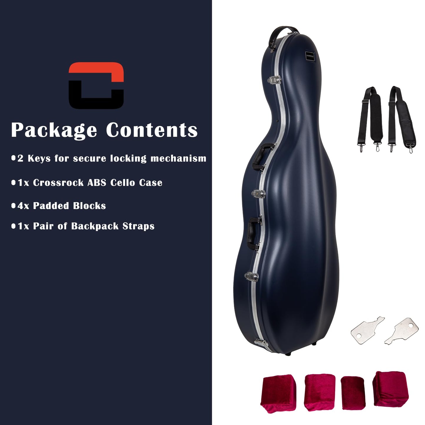 Crossrock Commuter ABS Cello Case for 4/4 & 3/4 | Matte Blue Diamond Shell, Wheels & Backpack Straps – Lightweight Case for Daily Rehearsal & Travel