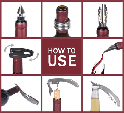 Tirrinia Wine Accessories Gift Set - Corkscrew Opener Kit, Drip Ring, Foil Cutter, Pourer & Stopper in Novelty Bottle