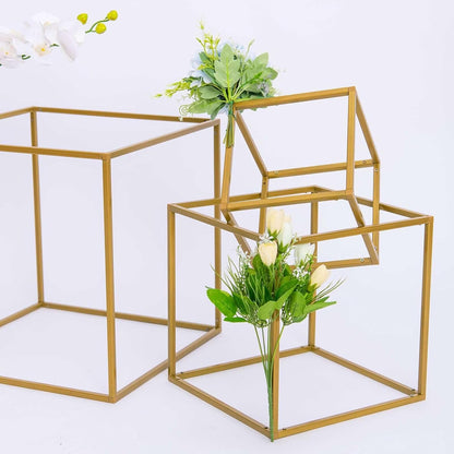 2 Pack 12" Efavormart Square Gold Wedding Flower Stand Metal Column Stand Geometric Cube Vase