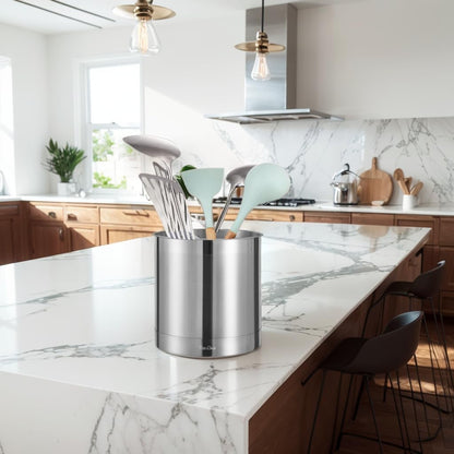 KSENDALO Stainless Steel Utensil Holder 7x7inch Large Utensil Holder for Countertop, Round Utensil Caddy for Spoons, Silverware, and Spatulas for Kitchen, Silver