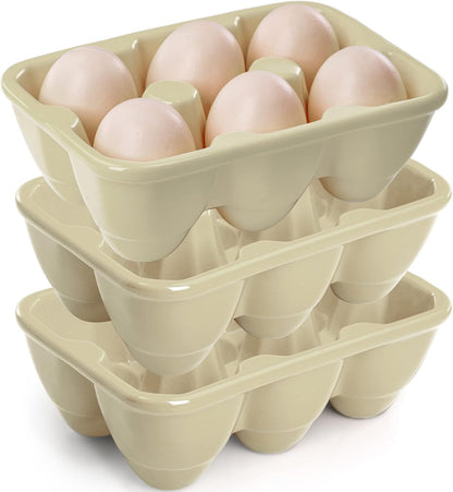 DEAYOU 3-Pack 18 Cups Ceramic Egg Tray - 6-Cup Porcelain Egg Holder Container for Countertop, Fridge, Kitchen