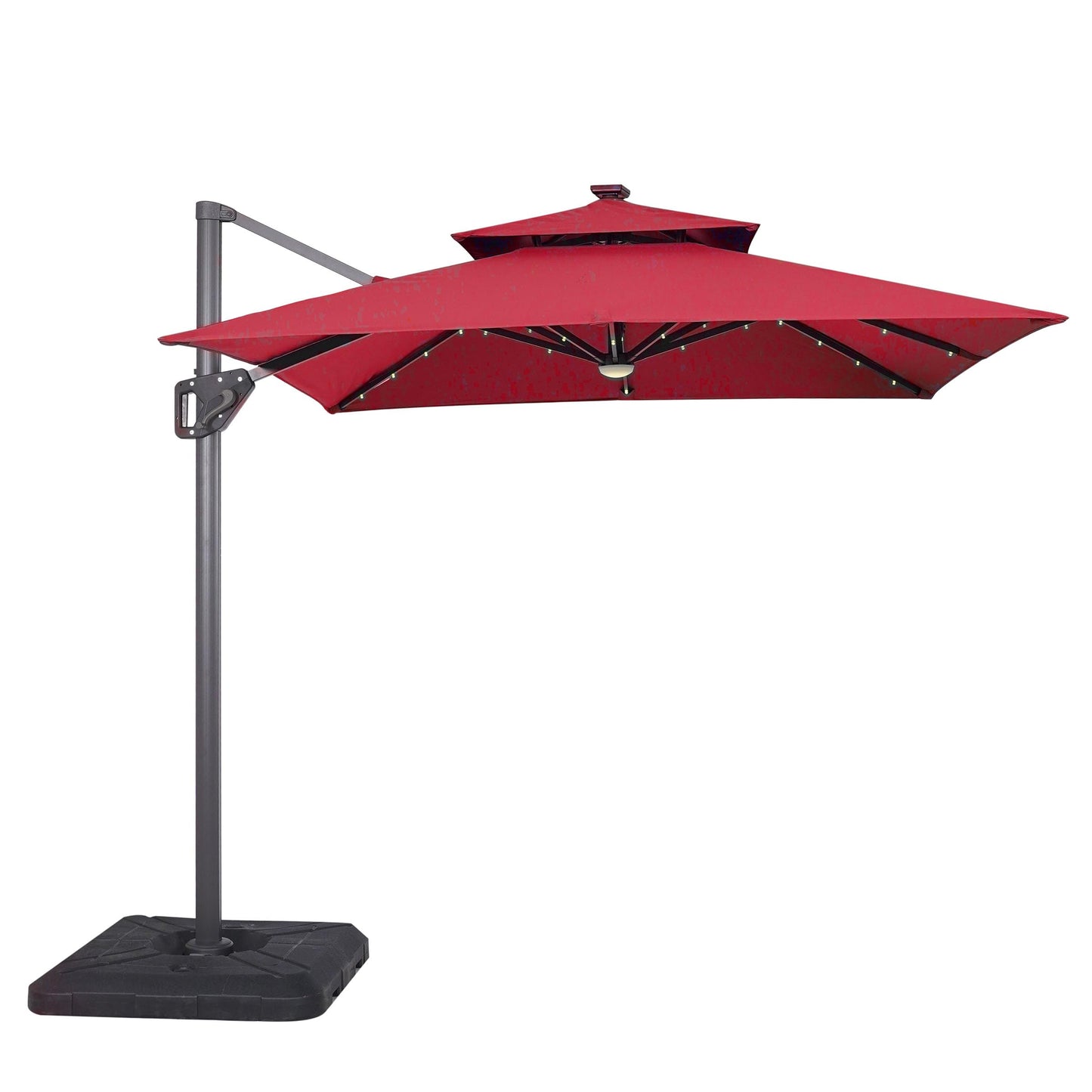 Greemotion Rumis 8-foot Cantilever UV-resistant Shade Rotation Tilt Umbrella with Heavy Base and Built-in Solar Panel LED Light for Outdoor, Porch, Pool, Deck, Red