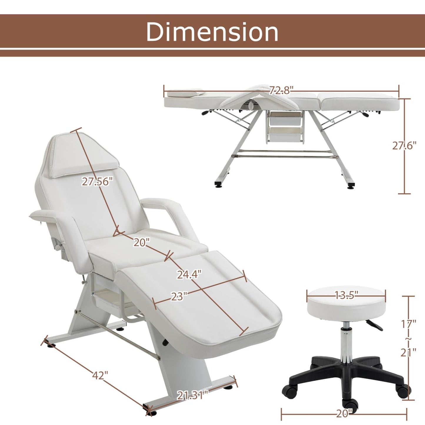 Massage Salon Tattoo Chair with Two Trays Esthetician Bed Hydraulic Stool Metal White Multi-Purpose 3-Section Facial Table Spa Beauty Equipment