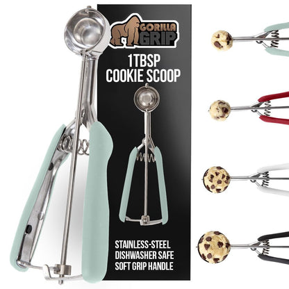 GORILLA GRIP BPA-Free 304 Stainless Steel Cookie Scoop, 1 TBSP Scooper #60, Soft Grip Handle, Easy Food Release, Create Even Portions, Multipurpose Kitchen Melon Baller, Meatball Spring Scoops, Mint